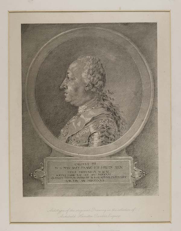 (655) Blaikie.SNPG.7.8 - Prince Charles Edward Stuart

Portrait of Prince Charles from about shoulder up, in armor, older age, profile, in oval and on stone with text " Carolus III. D. G. Mag. Brit. France. Et Hibern. Rex" and 4 other lines in Latin. Typed below photograph is "