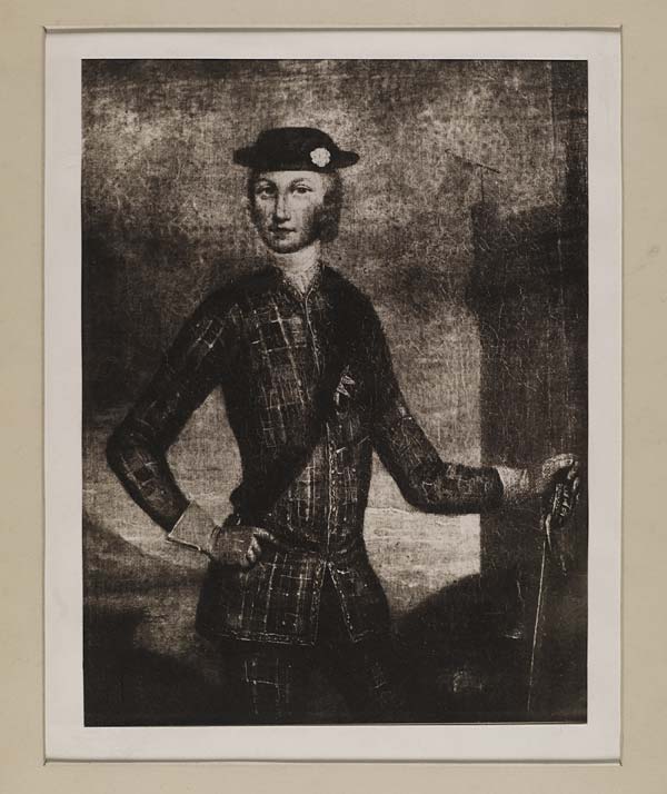 (639) Blaikie.SNPG.7.18 - Prince Charles Edward Stuart

Portrait of Prince Charles, very similar to 7.17, young man standing in tartan jacket and trousers, with hand on sword or walking stick, building to right, and sea/coast to left.