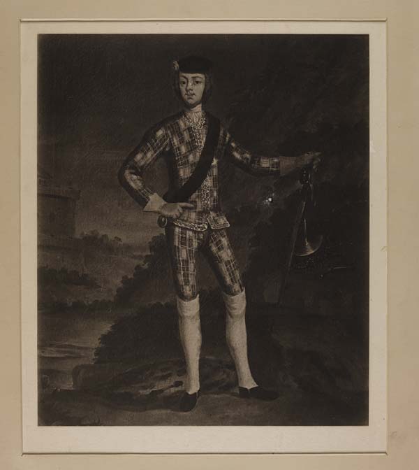 (642) Blaikie.SNPG.7.20 - Prince Charles Edward Stuart

Portrait of Prince Charles in tartan tunic and trousers, with sword in hand, standing on a hillside, with part of castle and countryside in background.