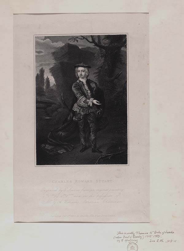 (671) Blaikie.SNPG.8.6 - Thomas, 4th Duke of Leeds (but said to be Prince Charles Edward Stuart)

Portrait of young man in tartan trousers and jacket, and tartan robe in forest with sword, trees around, big hill behind with text: "Charles Edward Stuart. Engraved by E Scriven fr