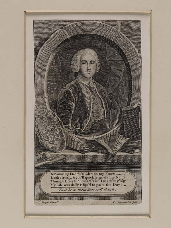 (692) Blaikie.SNPG.9.6 - Prince Charles Edward Stuart

Portrait of Prince Charles in stone oval frame on stone table with books, ink/quill, and family crest and then 4 lines of verse followed by "Evil be to them that evil think."