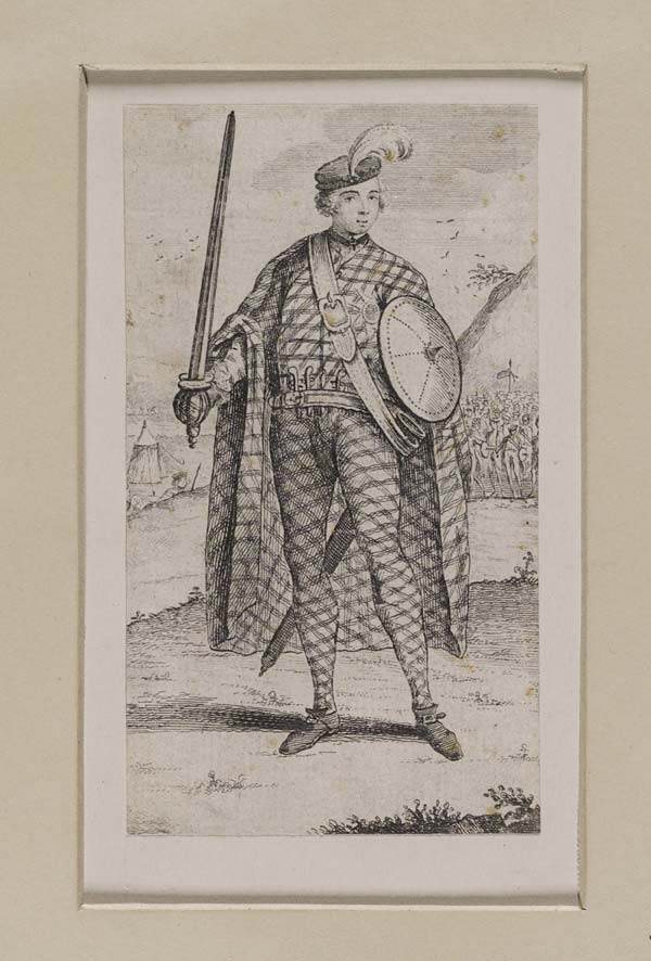 (676) Blaikie.SNPG.9.10 A - Prince Charles Edward Stuart

Portrait of Pricne Charles in highland leggings and long robe, in front of his troops, holding a sword and shield