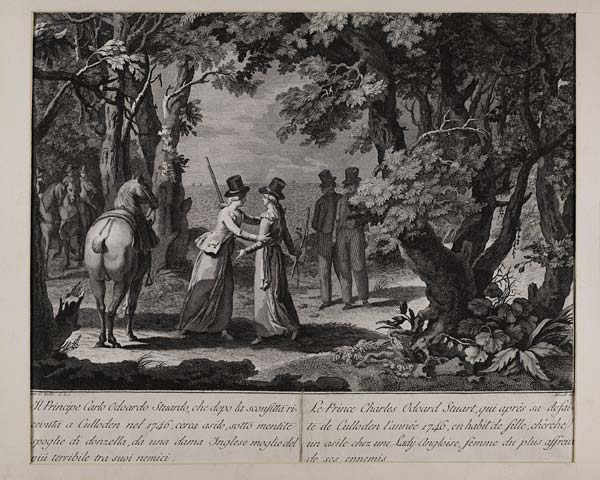 (685) Blaikie.SNPG.9.19 - Prince Charles Edward Stuart dressed as a lady after his flight from Culloden
A forest scene with two women and two men, though one woman is supposed to be Prince Charles in disguise, with the sea in the background. Two columns of text, one in Italian