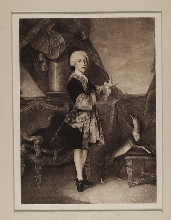 (22) Blaikie.SNPG.10.11 - Portrait of Prince Henry as a boy in fine jacket, with dog and two fine chairs and the sea in the backgroudn