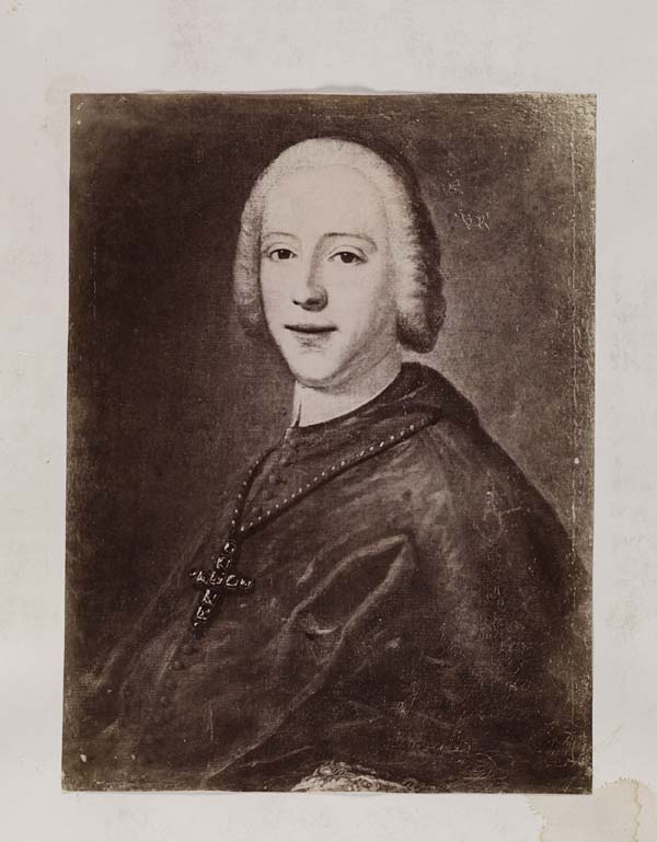 (26) Blaikie.SNPG.10.14 - Portrait of Prince Henry dressed in clerical robes, and ornate cross, handwritten note: "Cardinal York prestened by himself to the Scots College Rome (Blair College Abd)"