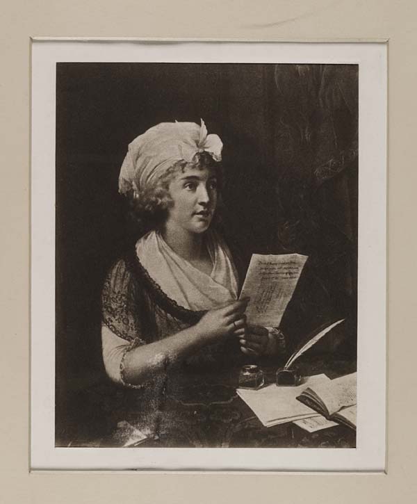 (39) Blaikie.SNPG.11.11 - Portrait of a woman at a table reading a letter

Portrait of young woman holding a letter at a table, with paper, ink, quill, and a book on the table-- handwritten note on back "Countess of Albany/Prince Charles's Daughter"