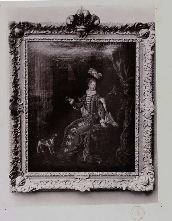 (40) Blaikie.SNPG.11.12 - Portrait of Louisa seated and wearing riding habit

Portrait of Louisa, sitting in a chair, dressed in long elegant dress, with dog standing at her feet, in ornate frame