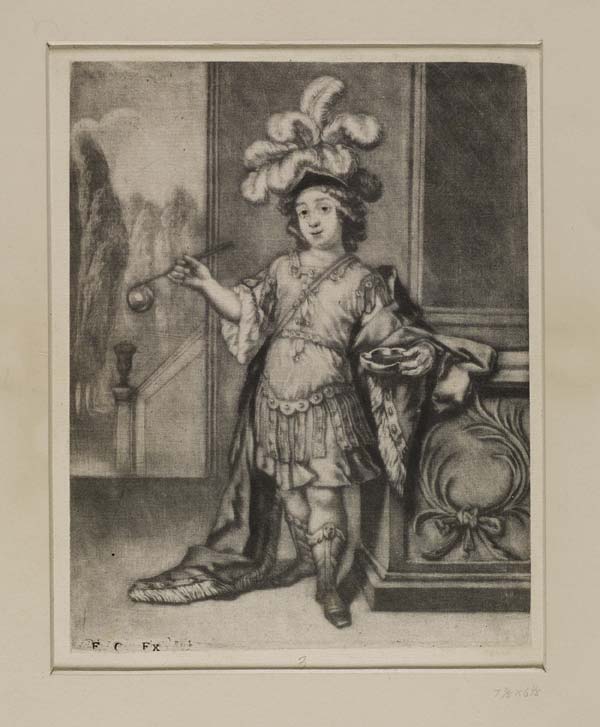 (79) Blaikie.SNPG.13.18 - Portrait of Prince James as child

Portrait of Prince James with large hat and feathers, standing with arm resting on pillar and holding something in each hand, next to an open doorway outside with trees