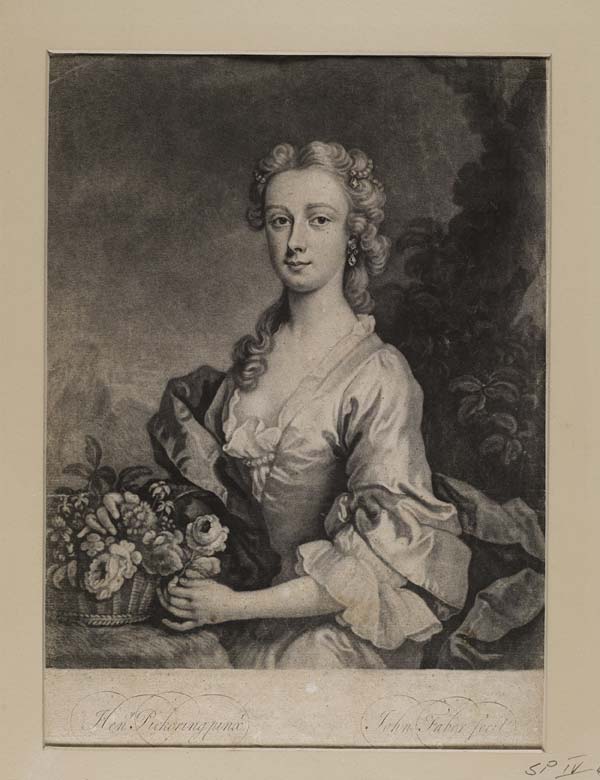 (159) Blaikie.SNPG.16.7 - Countess of Cromarty, Isabel Gordon (d.1769) wife of the 3rd  Earl of Cromarty

Portrait of woman with flowers and trees in background, hands on a basket of flowers