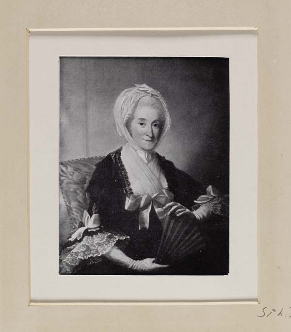 (145) Blaikie.SNPG.16.12 - Honourable Marjory Murray, titular Duchess of Inverness

Portrait of elderly woman, with white scarf around head, bows at bust and albows, dark dress, holding a fan