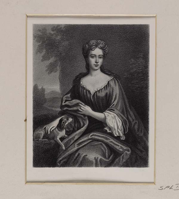 (149) Blaikie.SNPG.16.16 - Winifred Herbert, Countess of Nithsdale (d. 1749), wife of the 5th Earl of Nithsdale

Portrait of woman, sitting outside, with scerney in background, hand on a small dog