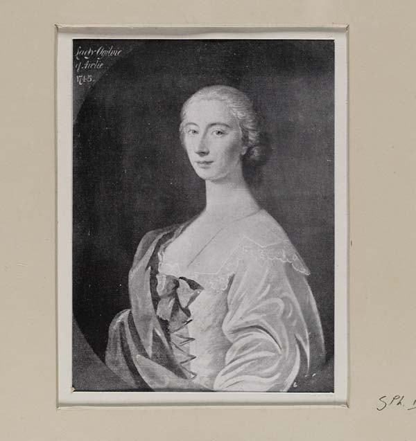 (153) Blaikie.SNPG.16.19 B - Margaret, Lady Ogilvy
"Portrait of Lady Ogilvie of Airlie" from waist up, wearing light coloured dress, with bow at bust and a shawl on one shoulder