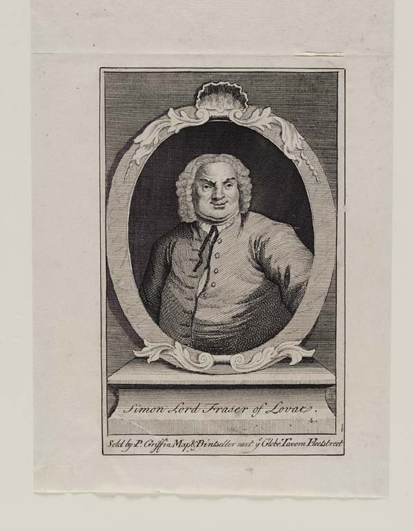 (165) Blaikie.SNPG.17.10 C - Simon, Lord Lovat (c. 1667-1747) and two others

Portrait of Simon Lord Lovat, looks like the Hogarth one, frame has an axe and funeral mask on top of it