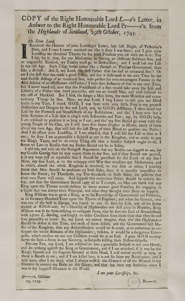 (188) Blaikie.SNPG.18.12 - Copy of the right honourable Lord Lovatt's letter