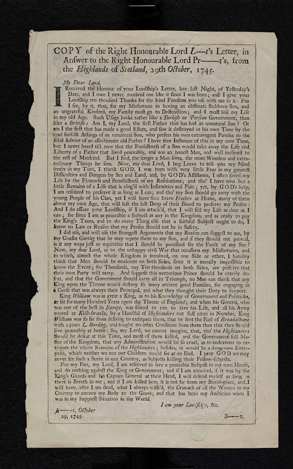 (511) Blaikie.SNPG.24.70 - Copy of the right honourable Lord Lovat's letter,
