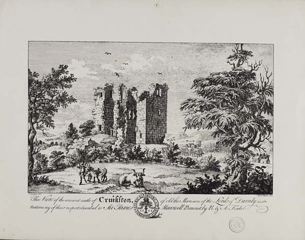 (388) Blaikie.SNPG.24.138 - Reproduction of an engraving of Cruikston Castle, with a reproduction of Burns' inscription on the Crookston Yew on verso