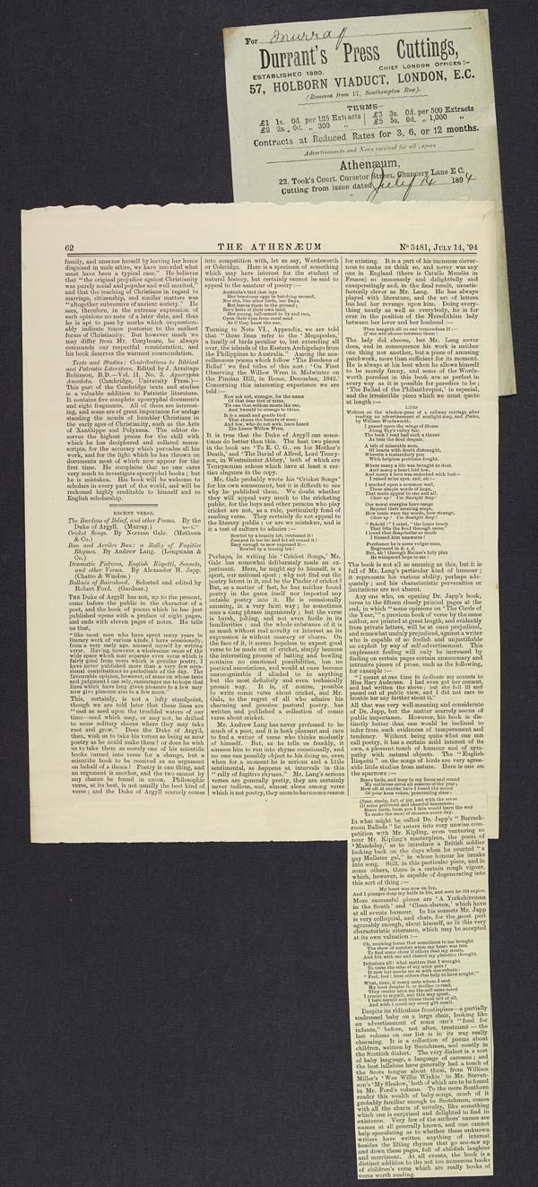 Review of 'Burdens of Belief' in 'The Athenaeum', 14 July 1894 - Ms.40189 f.139