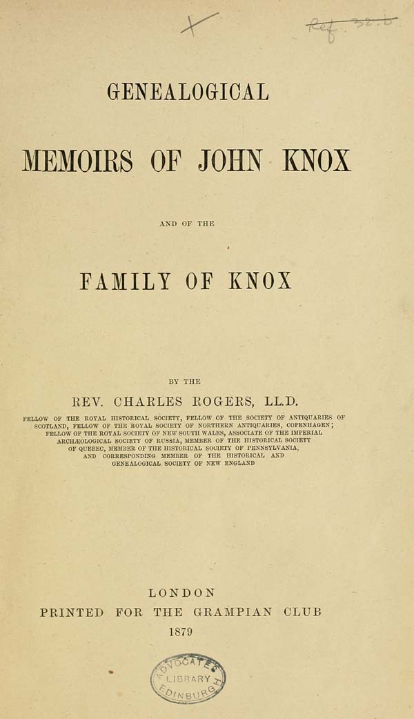 (7) Title Page - Grampian Club > Genealogical Memoirs Of John Knox And ...