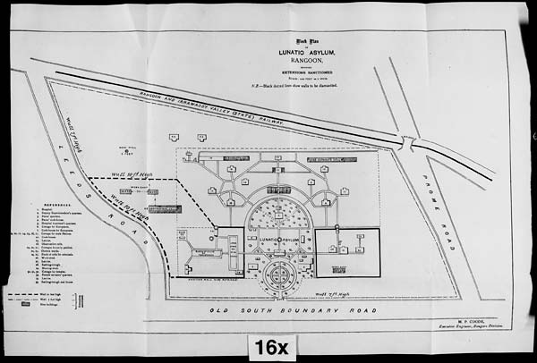 (60) Foldout open - Block plan of lunatic asylum, Rangoon, showing extensions sanctioned