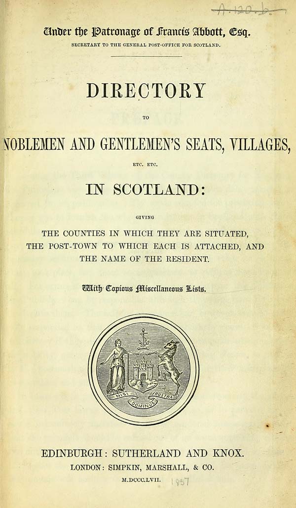 (9) Title page Scotland > 1852, 1857 Directory to noblemen and gentlemen's seats, villages