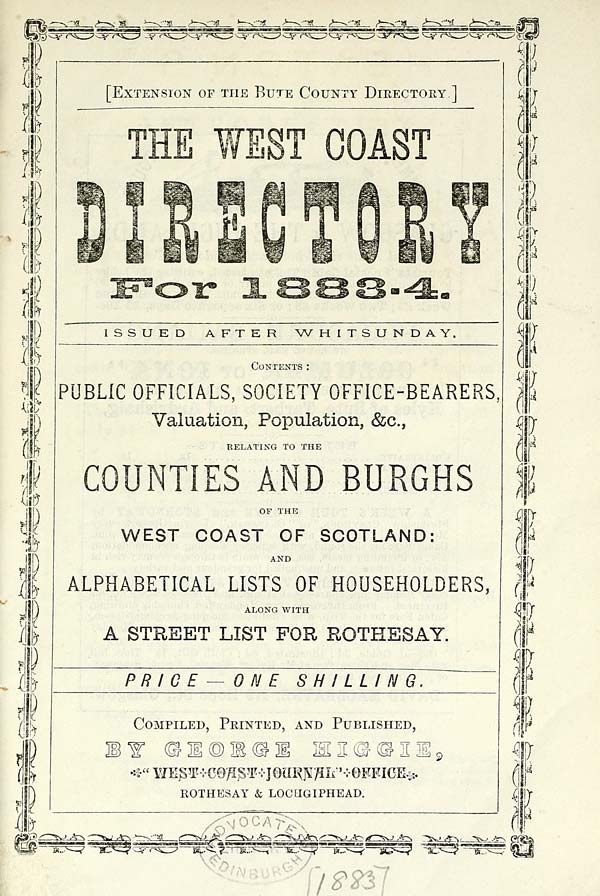 (13) Title page Scotland > 1883841887 West Coast directory for 188384[188687] > 1883