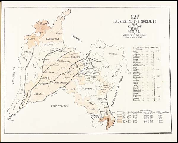 (20) Foldout open - Map illustrating the mortality of small-pox in the Punjab during the year 1899-1900