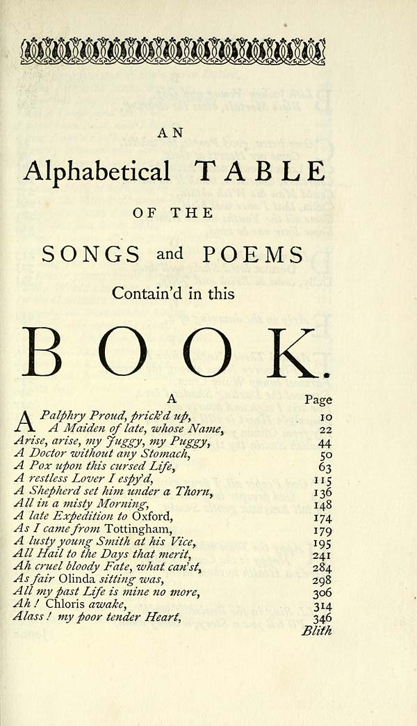 (7) Contents - Alphabetical table of the songs and poems contain'd in this book