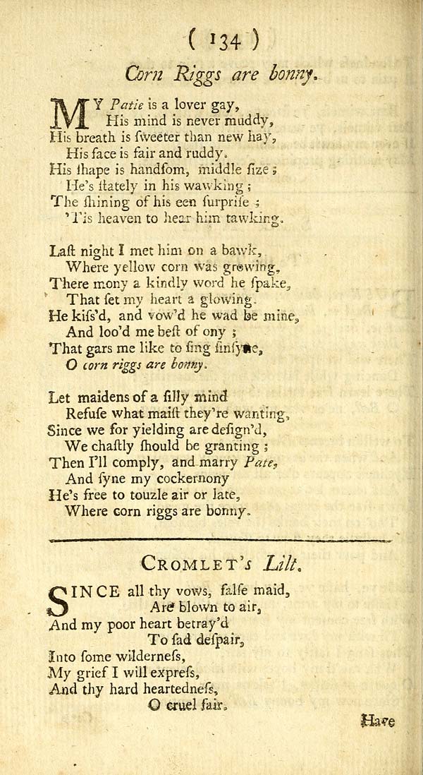 162 Page 134 Corn Riggs Are Bonny Glen Collection Of Printed Music Printed Text Tea Table Miscellany Or A Collection Of Choice Songs Scots And English Special Collections