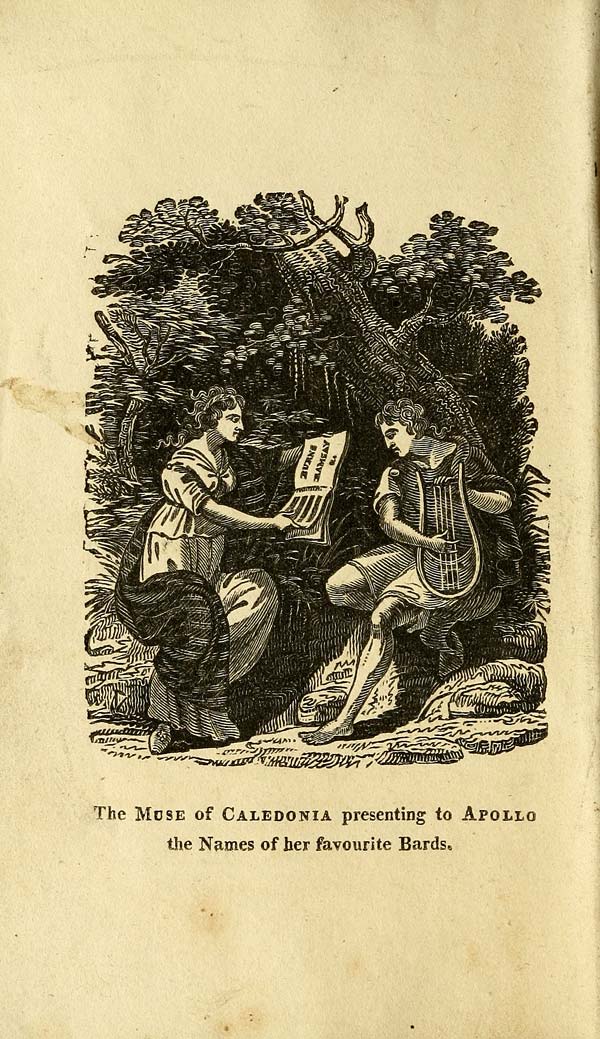(6) Frontispiece - Muse of Caledonia presenting to Apollo the names of her favourite bards