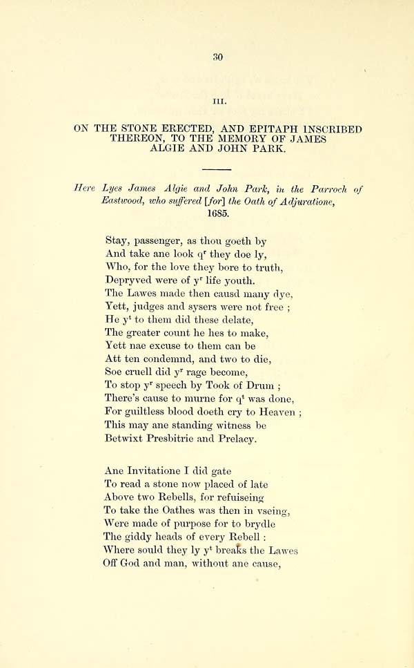 (48) Page 30 - On the stone erected, and epitaph inscribed therbon, to the memory of James Algie and John Park