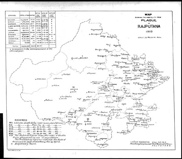 (20) Foldout open - Map showing the mortality from plague in Rajputana 1909