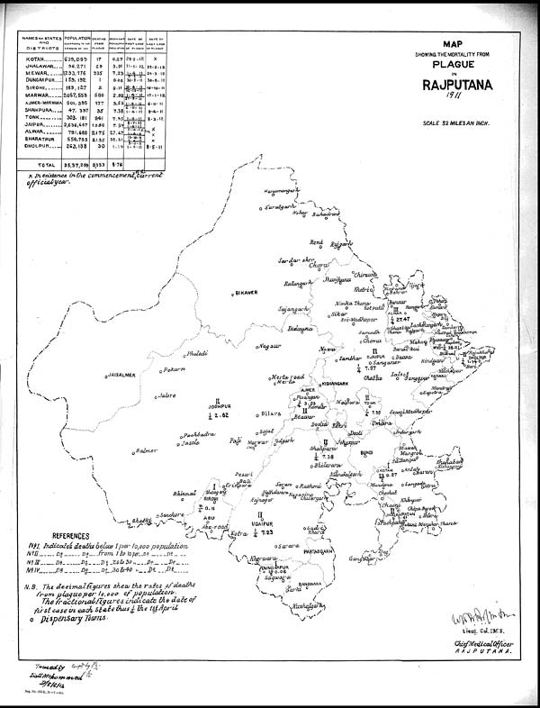 (18) Foldout open - Map showing the mortality from plague in Rajputana 1911
