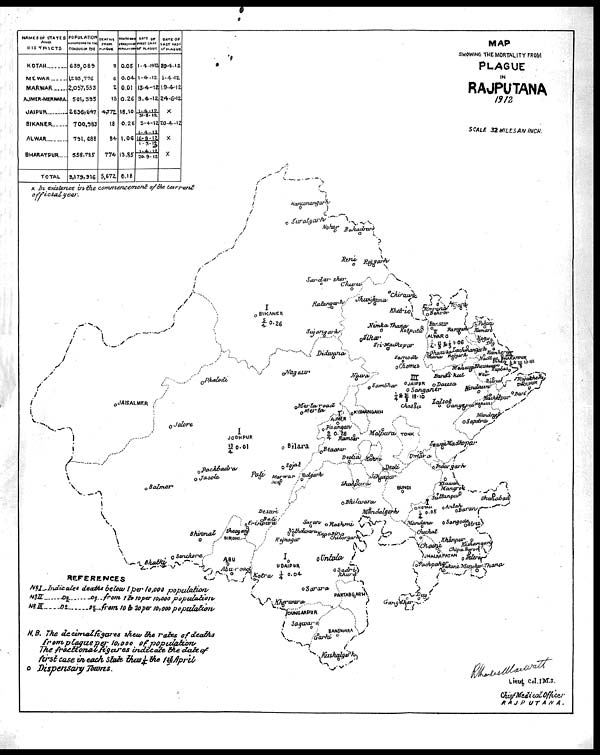 (18) Foldout open - Map showing the mortality from plague in Rajputana 1912