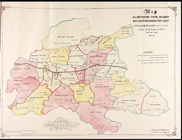 (32) Foldout open - Map illustrating total number vaccinated & ratio per cent of successfully vaccinated cases in each rural circle & town in Berar for the year 1881-82