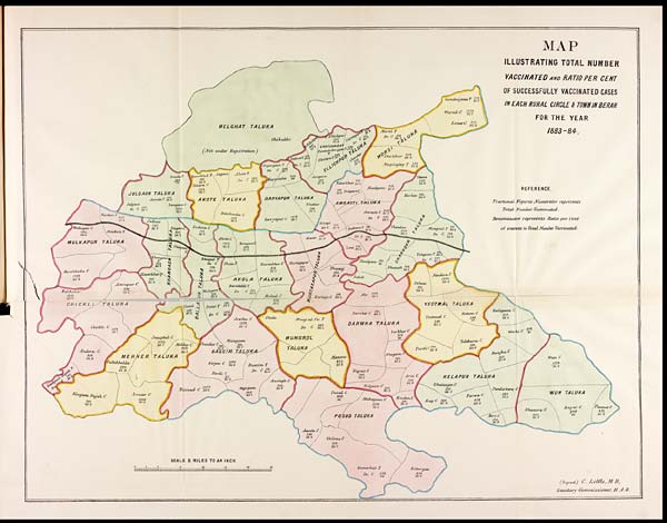 (18) Foldout open - Map illustrating total number vaccinated and ratio per cent of successfully vaccinated cases in each rural circle & town in Berar for the year 1883-84