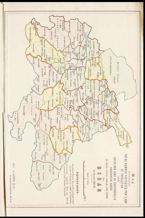(5) Colour map - Map illustrating total number protected per 1,000 of population and ratio per cent of successfully vaccinated cases in each rural circle and town in Berar for the year 1884-85
