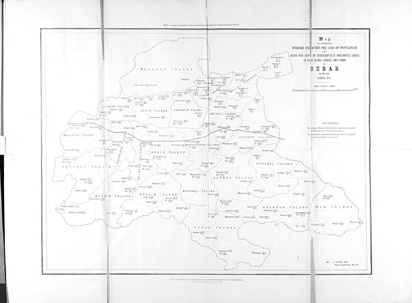 (6) Foldout open - Map illustrating number protected per 1,000 of population and ratio per cent of successfully vaccinated cases in each rural circle and town in Berar for the year 1885-86