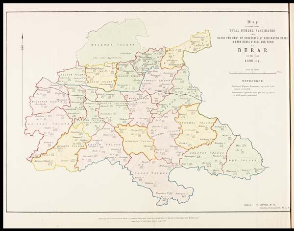 (16) Foldout open - Map illustrating total number vaccinated and ration per cent of successfully vaccinated cases in each rural circle and town in Berar for the year 1886-87