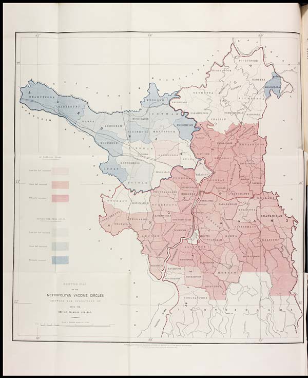 (37) Foldout open - Sketch map of the metropolitan vaccine circles showing the operations of 1871-72 and of previous seasons