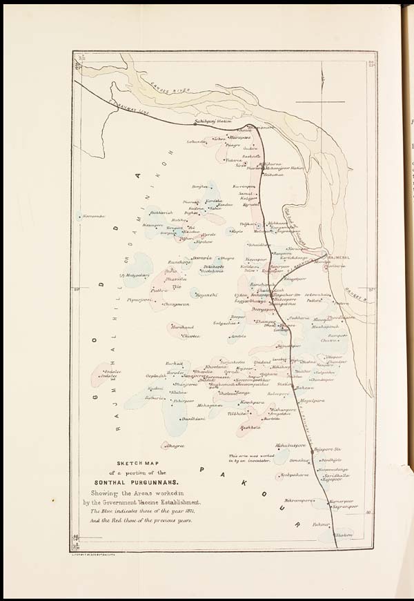 (67) Foldout open - Sketch map of a portion of the Sonthal Purgannahs showing the areas worked in by the Govevernment Vaccine Establishment