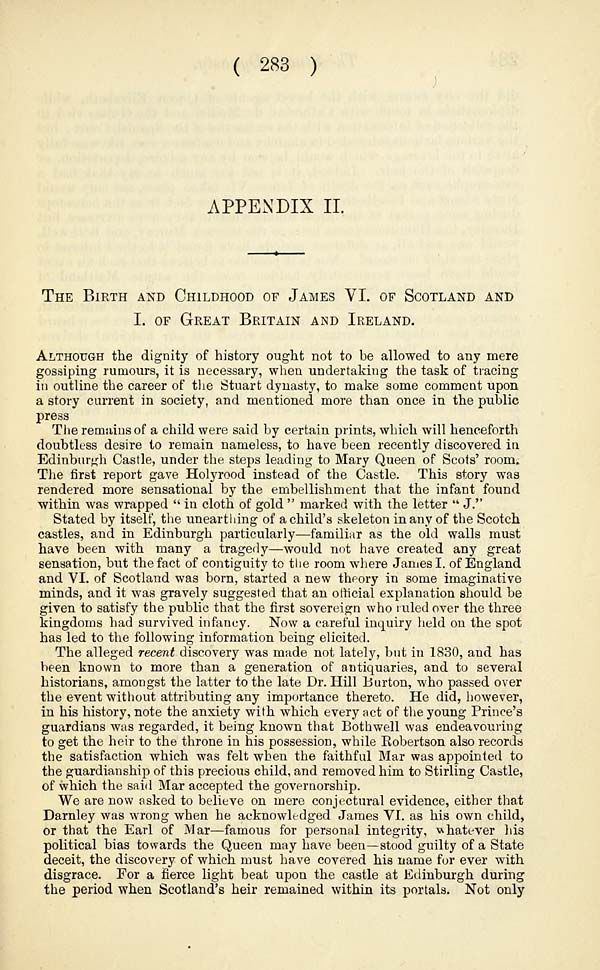 (303) Page 283 - Appendix 2 --- Birth and childhood of James VI of Scotland and I of Great Britain and Ireland