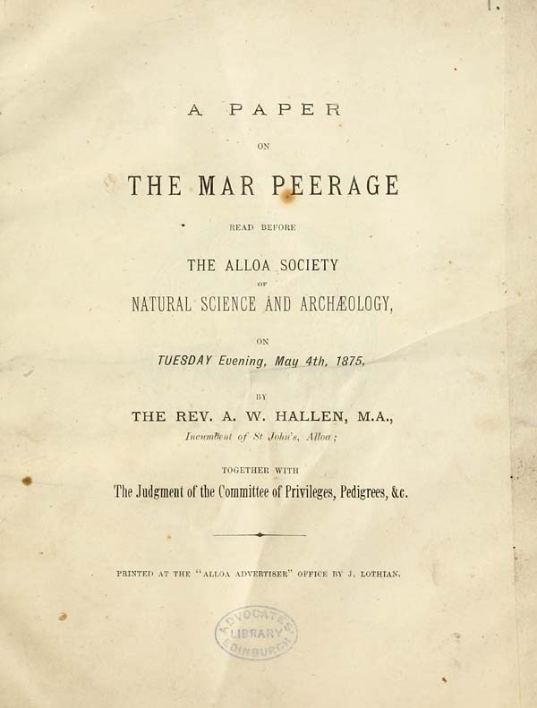 (9) Title page - Paper on the Mar peerage