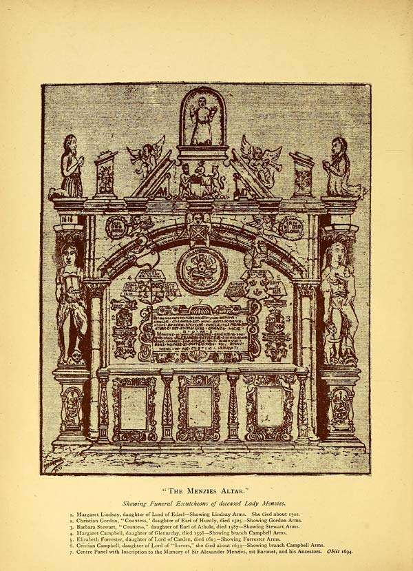 (168) Plate 10 - Menzies Altar, showing armorial bearings of deceased Lady Menzies, and other details to front