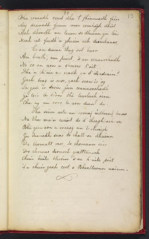 (33) Folio 13 recto (28r) - "Cumha do Dh' Uistean Mac Aoidh, Mac Fhir Bhigais", beg. 'Nach truagh an sgeul a fhuair mi fein', concluded