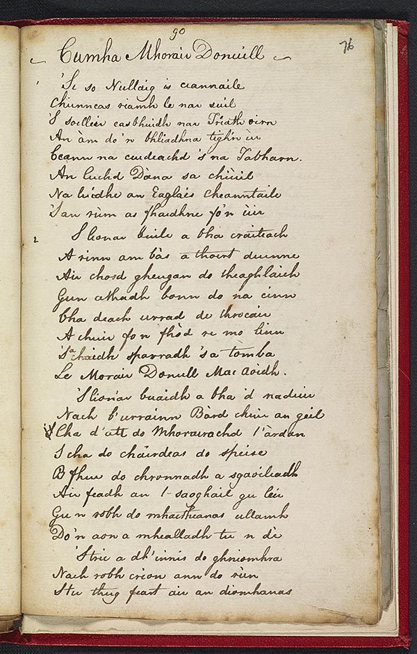 (159) Folio 76 recto (90r) - "Cumha Mhorair Donuill", beg. ' 'Si so Nullaig is ceannaile' (cf. Morrison, p. 6)