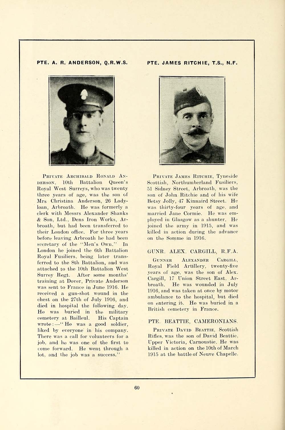 72) Page 60 - July, 1916 and 10 March, 1915 - Places > Roll of honour,  Arbroath and district, 1914-1919 - Rolls of honour - National Library of  Scotland