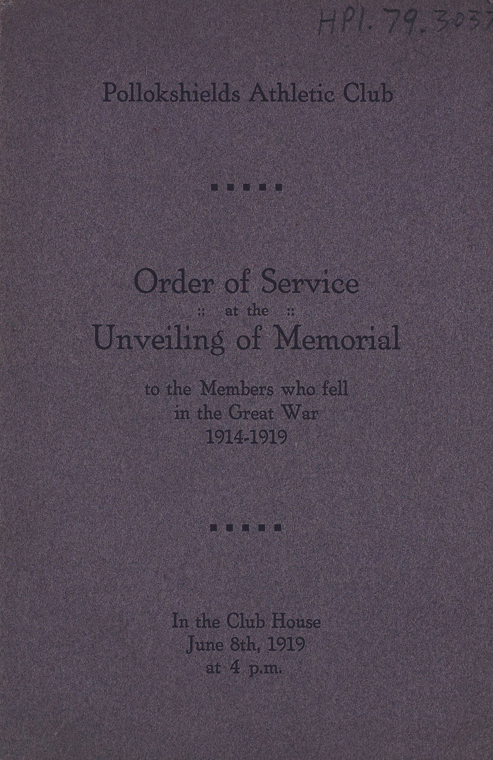 1 Front Cover Organisations Order Of Service At The Unveiling Of