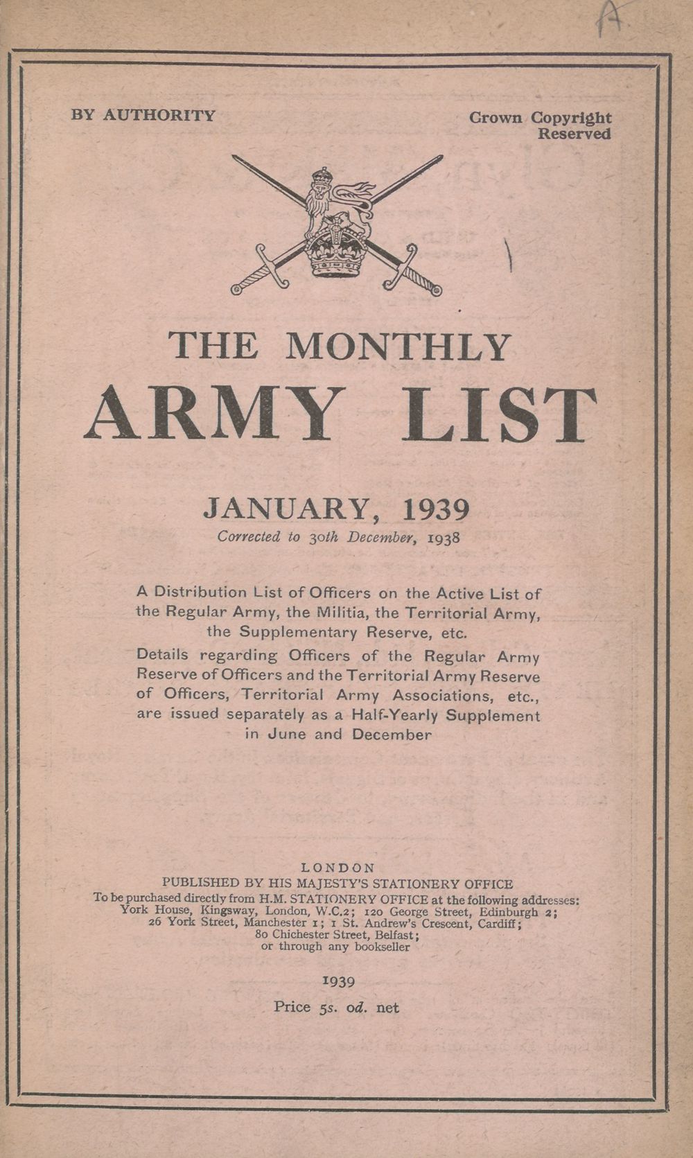 (5) Army lists > Monthly army lists > 19371940 > January 1939