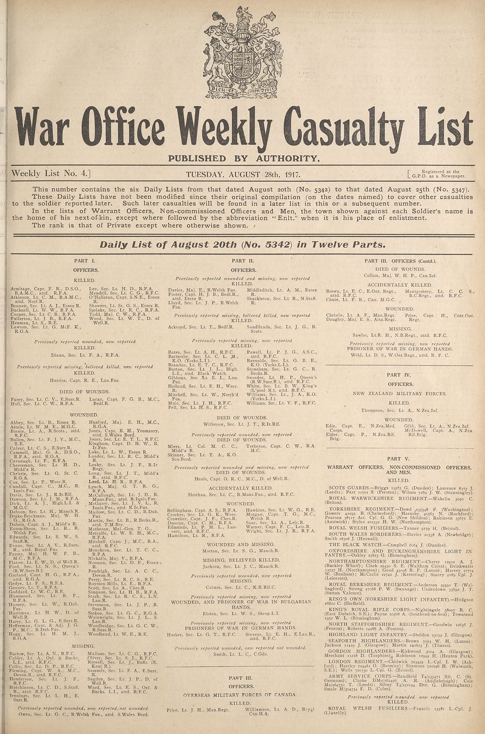 1 Daily List Of August th No 5342 In Twelve Parts Weekly Casualty Lists Weekly List No 4 British Military Lists National Library Of Scotland