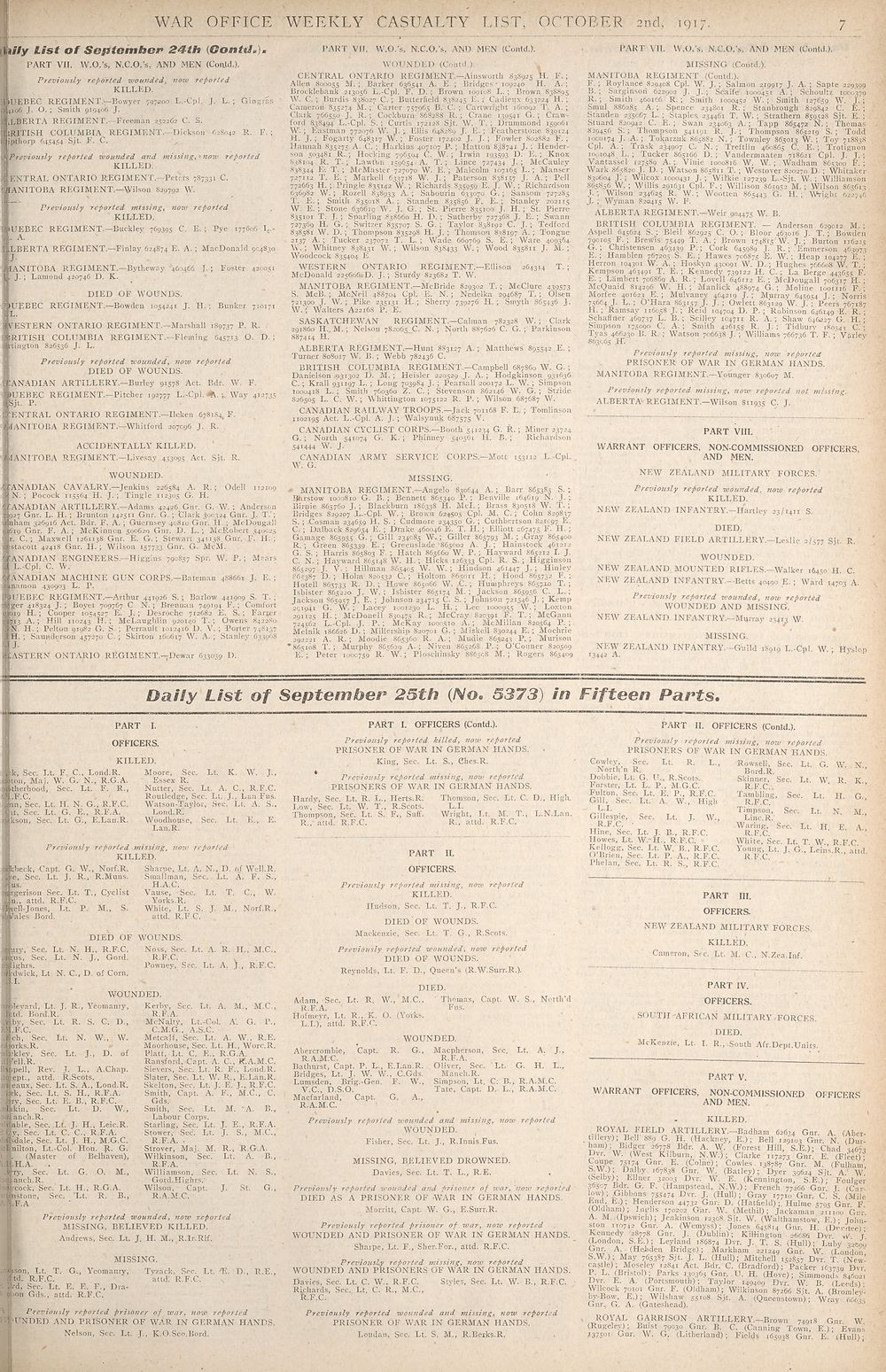 7 Daily List Of September 24th Contd Daily List Of September 25th No 5373 In Fifteen Parts Weekly Casualty Lists Weekly List No 9 British Military Lists National Library Of Scotland